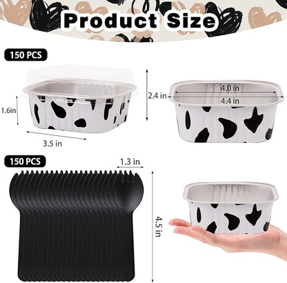 FORBFAN 150 Pcs Mini Square Baking Cups with Lids, 10 oz Mini Aluminum Cake Pans with Spoons, Small Baking Tins Cow Print
