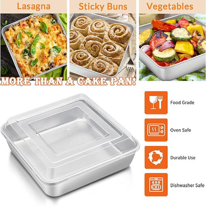 8 x 8-Inch Square Baking Pan with Lid, E-far Stainless Steel Square Cake Brownie Pan, Fit for Toaster Oven, Non-toxic & Healthy, Easy Storage & Dishwasher Safe - 2 Pieces(1 Pan + 1 Lid)