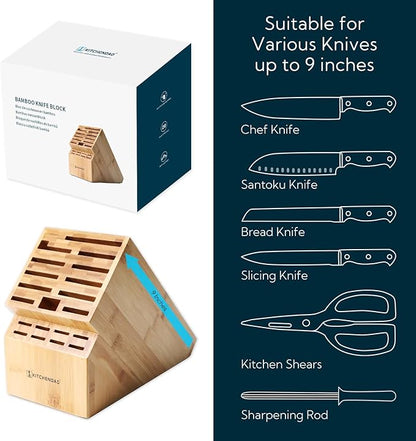 KITCHENDAO Deluxe 20 Slot Bamboo Knife Block Block without Knives, Countertop Butcher Block Kitchen Knife Stand, Hold Multiple Large Blade Knives, Wider Slots for Easier Storage