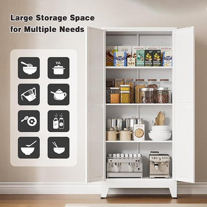 61" Tall Metal Pantry Cabinet, Kitchen Storage Cabinet with 2 Doors and 3 Adjustable Shelves for Kitchen, Living Room, Dining Room, Bathroom and Home, Office (White, 61" H)