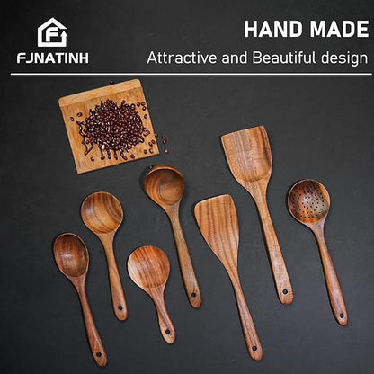 FJNATINH 7-Piece Nonstick Wooden Cooking Utensils Set, Natural and Healthy Kitchen Utensils（7 Pcs）