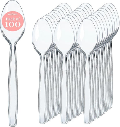 Prestee 100 Clear Plastic Spoons Bulk - Durable Disposable Plastic Silverware Spoons - Heat-Resistant Spoon Cutlery - Heavy Duty Flatware Pack - Disposable Silverware Utensil Set for Hot and Cold Food