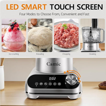 Camic Blender & Food Processor Combo,600W,6 Functions for Smoothies,Chopping,Slicing,Shredding,Grinding,Dough & More,72-oz.Blender Pitche,64-oz.Processor Bowl,13-oz.To-Go Cup,6-oz.Grinder Cup(Sliver)