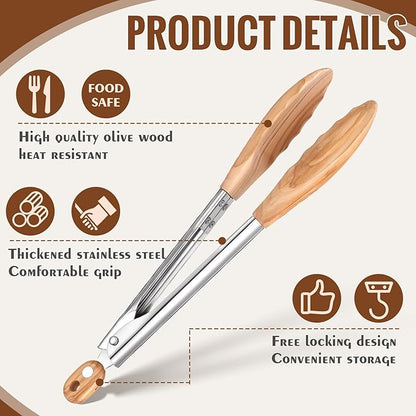 Baderke 2 Pcs Olive Wooden Kitchen Tongs for Cooking Wooden Utensil Set Salad Tongs with Wood Tips for Serving Salad Flipping Burgers Grilling and Much More, 11.4 Inch