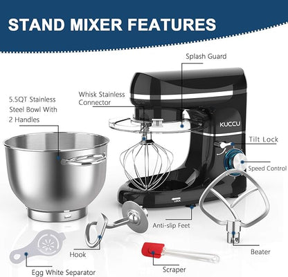 Stand Mixer, 660W, 6-Speed Tilt-Head Food Dough Mixer, Kitchen Electric Mixer with Stainless Steel Bowl,Dough Hook,Whisk, Beater, Egg white separator (6.5-QT, Black)…