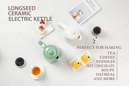 Ceramic Electric Kettle, 1.5L/1200W Boil Water Quickly and Easily with Boil-Dry Protection Auto Shut Off, Detachable Swivel Base, Green Relief Carving