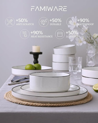 Famiware Nebula Plates and Bowls Sets, 18 Pieces Dinnerware Sets, Dishes Set for 6, White with Black Rim
