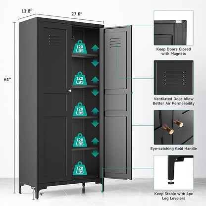 SISESOL Metal Storage Cabinet with Doors and Shelves,Black Storage Cabinet with Leg,Metal Pantry Cabinets,Ventilated Pantry Closet,Tall Large Cupboard for Home,Kitchen,Dining/Living/Laundry Room