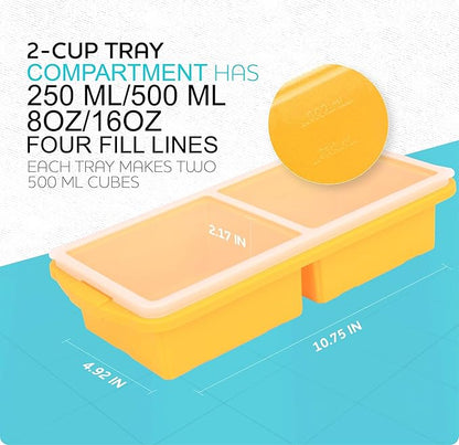 Silicone Freezer Tray With Lid-Soup Freezer Container molds-2-cup Extra Large Ice Cube Tray-makes 4 perfect 500ml portions cubes, For freezing soup,stews,sauces.Oven&Dishwasher-Safe(2-Pack)