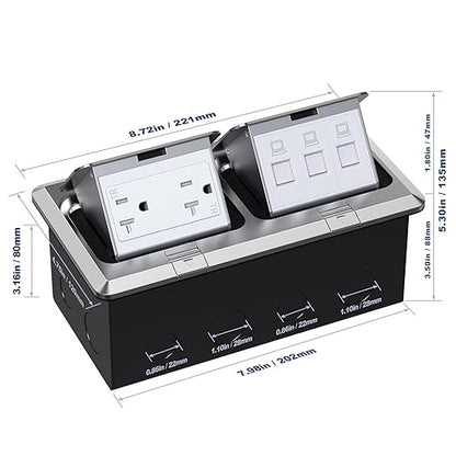 KYHSHJ Dual Pop-Up Floor Electrical Outlet Box Kit，20 Amp Stainless Steel TR Tamper-Resistant Duplex Receptacle，3-Port RJ45 Datacom Receptacle，Silver