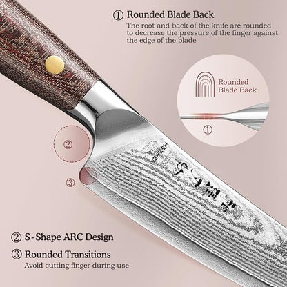 HEZHEN 5.3 Inches All Purpose Kitchen Knife with Sheath, 67 Layers Damascus Steel Kitchen Utility Knife for Cooking Preparation, Petty Knife, Micarta Handle,Gift Ready