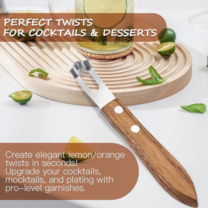Channel Knife for Zesting Stainless Steel Bar Tool with Wood Handle, Curved Blade for Lemon/Orange Twists Cocktail Garnish Tool for Bartenders & Home Mixologists