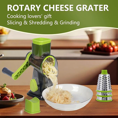 Rotary Cheese Grater with 3 Stainless Steel Blades, Hand Crank Vegetable Slicer, Suction Base, Green