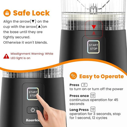 Personal Size Portable Blender for Shakes & Smoothies, 16oz Mini Small Smoothie Blender with On Go Lid & Sip Lid, 26000RPM Rechargeable Cordless Electric Blender for Travel Gym Office