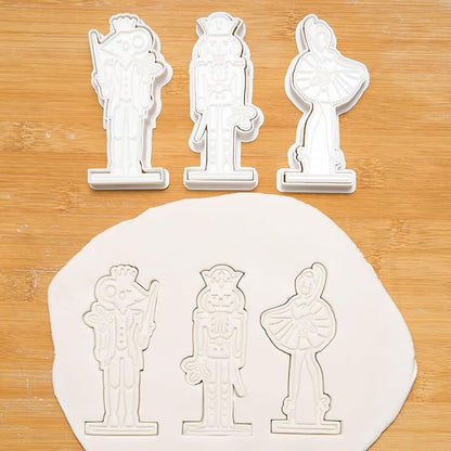 Flycalf Nutcracker Cookie Cutters Set of 3 Christmas with 3D Stamper Holiday Baking Accessories Cutter Molds Gifts for Kids Decorative Party 3.5" Kitchen Cake Supplies