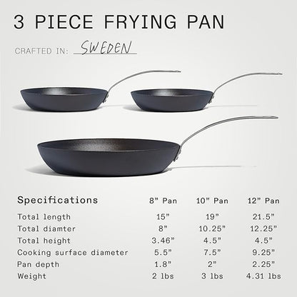 Made In Cookware - 3 Piece (Includes 8",10",12") Seasoned Blue Carbon Steel Frying Pan - (Like Cast Iron, but Better) - Professional Cookware - Crafted in Sweden - Induction Compatible