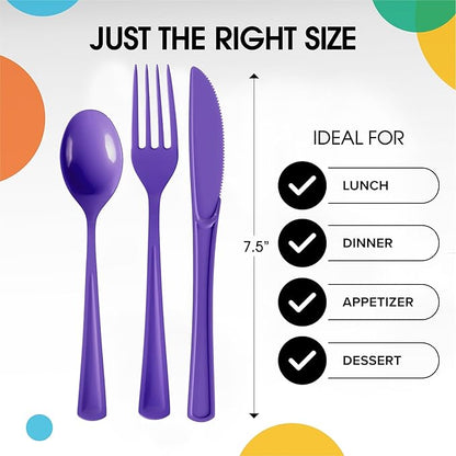Party Solids Purple Plastic Silverware Heavy Duty 300 Pieces Purple Plastic Cutlery Sets, Utensil Sets, 100 Of Each Forks, Knives & Spoons Disposable Cutlery Set, Flatware Set For Party Supplies