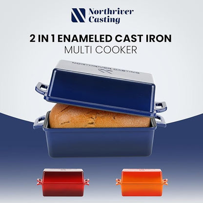 2 in 1 Enameled Cast Iron Bread Pan with Lid, Perfect Bread Oven, Loaf Pans for Baking Homemade Sourdough Bread 9x5, 2 Piece set, Navy Blue