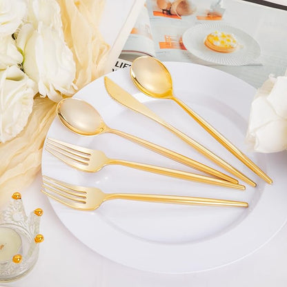 Supernal 180PCS Gold Plastic Silverware Gold Silverware Disposable Cutlery Plastic Utensils Heavy Duty Disposable Utensils Includes: 60 Knives, 60 Forks and 60 Spoons for Party, Birthday, Wedding