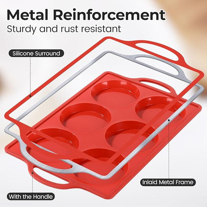 CAKETIME Muffin Top Pan Non Stick, 4 Inch Metal Frame Round Silicone Egg Baking Pan for Oven English Muffins, Whoopie Pies, Corn Bread, Egg Bites, Breakfast Sandwiches Tarts 3 Pack Red