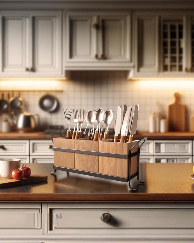 Utensil Holder for Party - Silverware Caddy with Three Compartments, Detachable, Portable Handle, Stylish Cutlery Holder for Countertop and Outdoor Use