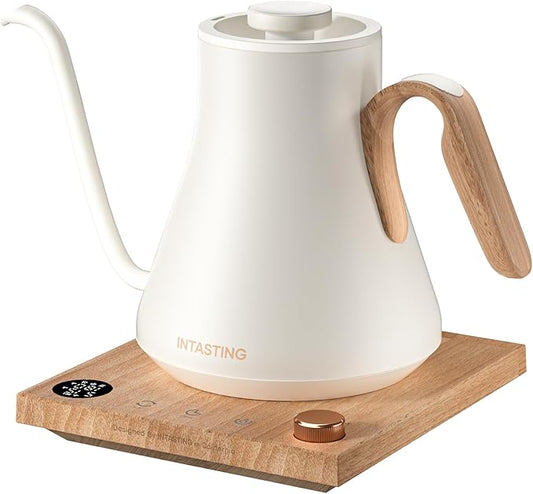 Electric Kettle, Gooseneck Electric Kettle, ±1℉ Precise Temperature Control, Stainless Steel Interior, Quick Heating for Pour Over Coffee, Tea & Boiling Water, 0.9L (Cream White & Wood)