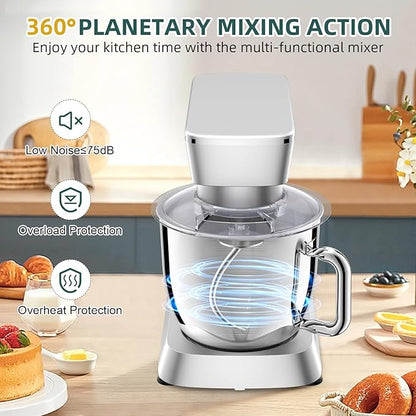 Stand Mixer, 6QT 10+P Speed Tilt-Head Kitchen Electric Mixer, Food Mixer with Stainless Steel Bowl, Dough Hook, Flat Beater, Wire Whisk, Splash Guard for Daily Use - Silver