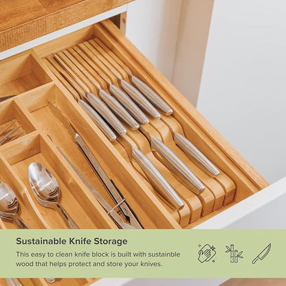 KitchenEdge Bamboo Kitchen Knife Block Holder Organizer - Holds 5 Long + 6 Short Knives (Not Included), Fits Most Knife Sizes, Rubber Feet, Sustainable Bamboo, In-Drawer Design