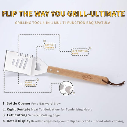 4-in-1 BBQ Spatula, Multifunction Grill Spatula with Wooden Handle, perfect for BBQ grills and kebabs for camping picnics