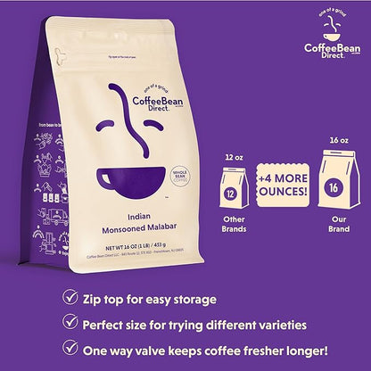 Coffee Bean Direct Indian Monsooned Malabar, Whole Bean Coffee, Light Roast, 1 Pound Bag (Pack of 1)