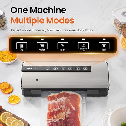 Vacuum Sealer for Food - 90kpa Vacuum Sealer Machine with Bags Storage and Built-in Cutter, Food Sealer with External Vac Function, Dry Moist Modes, Bag Roll included, Stainless Steel