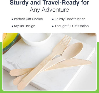 Compostable Cutlery Set - 300 PCS Wooden Utensils [120 Forks, 90 Spoons, 90 Knives] - Eco-Friendly Wooden Disposable Utensils - Compostable Forks and Spoons - Disposable Cutlery Set Party Utensils