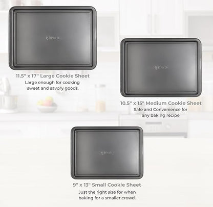 PERLLI Non-Stick 3-Piece Baking Pan Set, BPA-Free Gray Carbon Steel Bakeware Set, Stackable Kitchen Oven Set, Cookie Sheet, Baking Tray, Baking Sheet Set, Oven Safe (446°F)