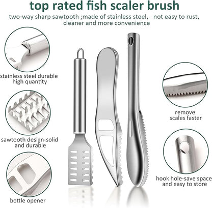 3Pcs Fish Scaler Remover, Fish Scaler Brush, Stainless Steel Fish Cleaning Kit Fish Scaler Fish Skin Graters Cleaning Peeler Scaler Scraper with Bottle Opener for Kitchen Fish Scales Removing Peeling