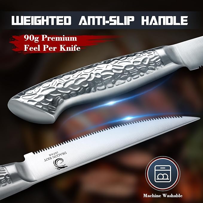 DRAGON RIOT Steak Knives Set of 4 Serrated Edge Steak Knife Set Japanese Stainless Steel Dinner Knife Diswasher Safe Steak Knives with Box