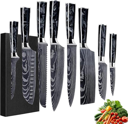 8-Piece Premium Japanese Kitchen Knife Set - Imperial Collection, Laser Damascus Pattern, 440A Stainless Steel Ultra Sharp for Fast Cutting (Black 8J)