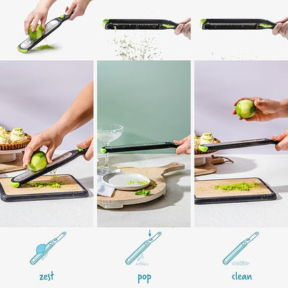 Dreamfarm Ozest Self-Cleaning POP-Button Zester for Fine, Fluffy Citrus Zest, Cheese, Nut, & Spices with Non-Slip Silicone Foot - 1mm Zester, Black/Green