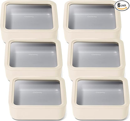 Caraway 6pc Glass Food Storage Set – 10 Cup Food Containers (6) - Ceramic Coated - Non Toxic, Non Stick with Lids - Microwave Safe - Cream