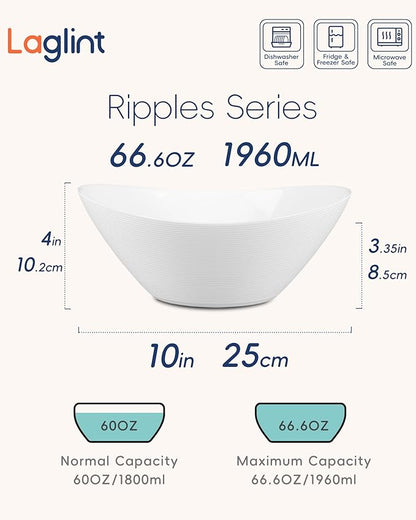 66 OZ Salad Bowl Set of 2, Opal Glass 10 inch Lightweight Serving Dishes for Salad, Fruit, Kitchen Microwave & Dishwasher Safe, Oval Shape White