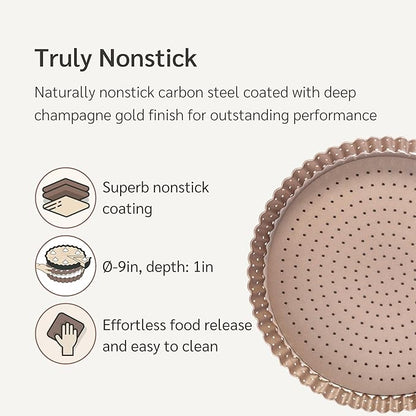 HAPPIELS Nonstick 9 Inch Tart Pan with Removable Bottom | PFOA & BPA Free Non Toxic Fluted Pie & Quiche Tin | Best Perforated Non Stick Nontoxic 9in Molds with Holes for Baking