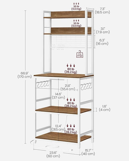 VASAGLE Hutch Bakers Rack with Power Outlet, 14 Hooks Microwave Stand, Adjustable Coffee Bar with Metal Wire Panel, Kitchen Storage Shelf, 15.7 x 23.6 x 66.9 Inches, Rustic Walnut and White UKKS037W41