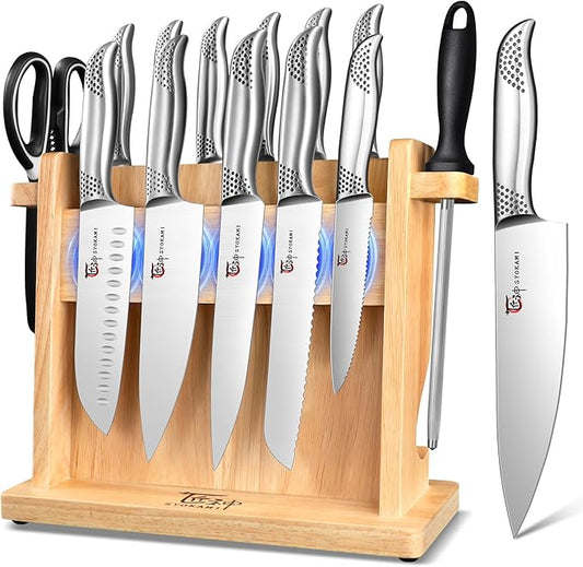 Japanese Knives Set for Kitchen, Magnetic Knife Set with Block and Sharpener, Stainless Steel Knife Set as Gift for Couple, Wedding, Women or Mom with Gift Box, 14 PCS Black Dot