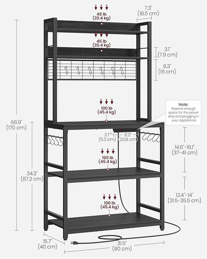 VASAGLE Hutch Bakers Rack with Power Outlet, 14 Hooks Microwave Stand, Adjustable Coffee Bar with Metal Wire Panel, Kitchen Storage Shelf, 15.7 x 31.5 x 66.9 Inches, Charcoal Gray and Ink Black