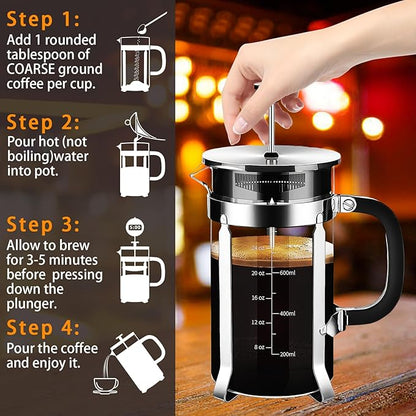 French Press Coffee Maker 304 Stainless Steel Coffee Press,with 4 Filters System, Heat Resistant Thickness Borosilicate French Press Glass, BPA-Free Brewed Tea Pot Coffee Plunger