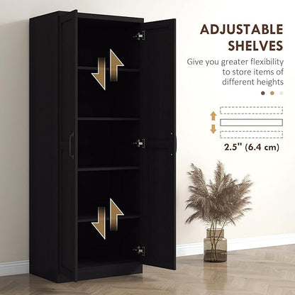 HOMCOM 63" 2-Door Kitchen Pantry, Freestanding Storage Cabinet with 5-Tier Shelving and 2 Adjustable Shelves for Dining Room, Black Wood Grain