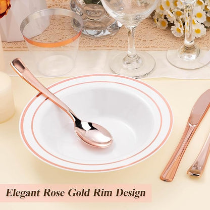 50 Pack Disposable Soup Bowls with Rose Gold Rim, 12oz Premium Heavy Duty Plastic Dinner Bowls for Party, Wedding and Holiday