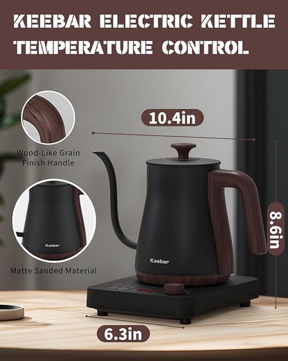 Electric Kettle, Electric Gooseneck Kettle with 6 Temperature Control Presets and LED Display, 0.8L/27.05oz, 0.8mm Ultra-Fine Spout, 304 Stainless Steel Inner, 1000W Gooseneck Kettle, Matte Black