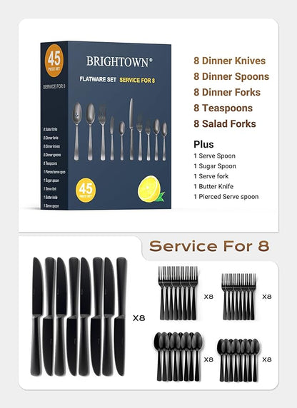 Black Silverware Set, 45-Piece Flatware Set Service for 8, Durable Stainless Steel, Mirror Polished Tableware Eating Cutlery Set, Kitchen Utensils Set with Steak Knives, Dishwasher Safe
