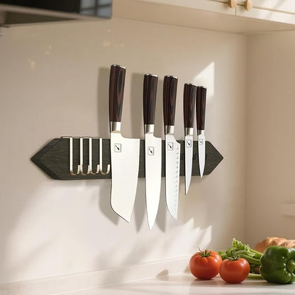 imarku Magnetic Knife Holder for Wall - 16 Inch Acacia Wood Magnetic Knife Strip with Powerful Magnet, Knife Magnetic Strip for Kitchen Utensil Organizer with 4 Hooks, Dark Gray
