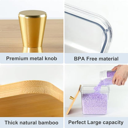 Hudgan 4 Pack Acrylic Storage Containers with Measuring Scoops for Kitchen, Laundry, Pantry, Clear Sturdy Plastic with Gold Handle Perfect for Dried Goods, Snacks, Detergent
